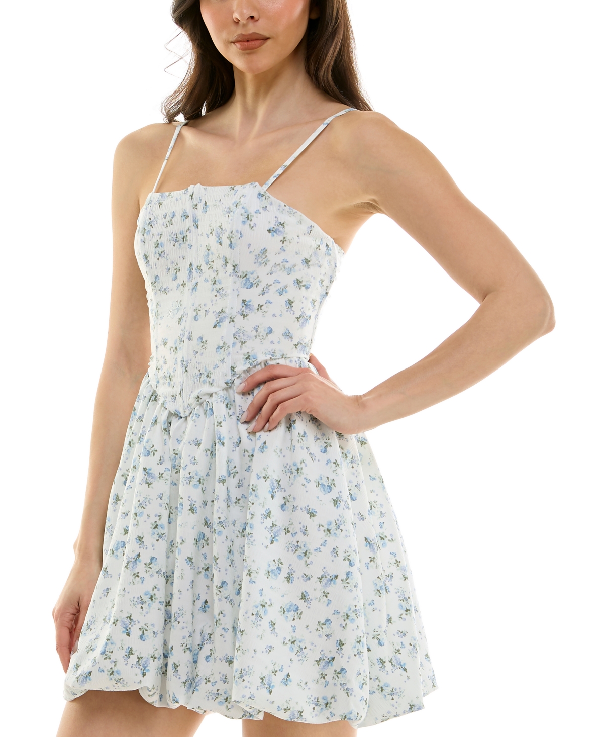 Bcx Juniors' Floral Print Bubble Hem Sleeveless Fit & Flare Dress In Green,blue,white