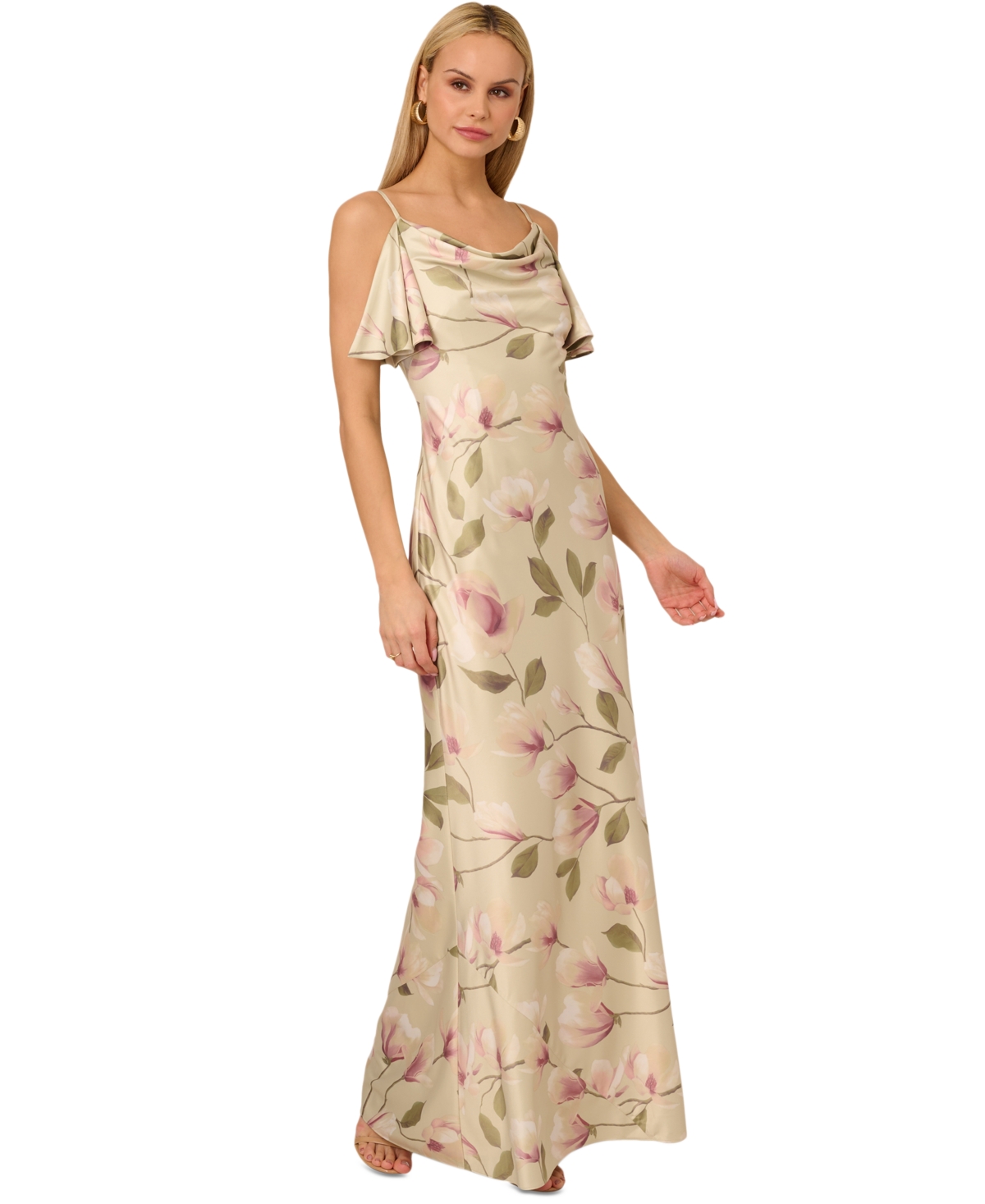 Adrianna By Adrianna Papell Women's Printed Satin Sleeveless Cowlneck Gown In Green Multi