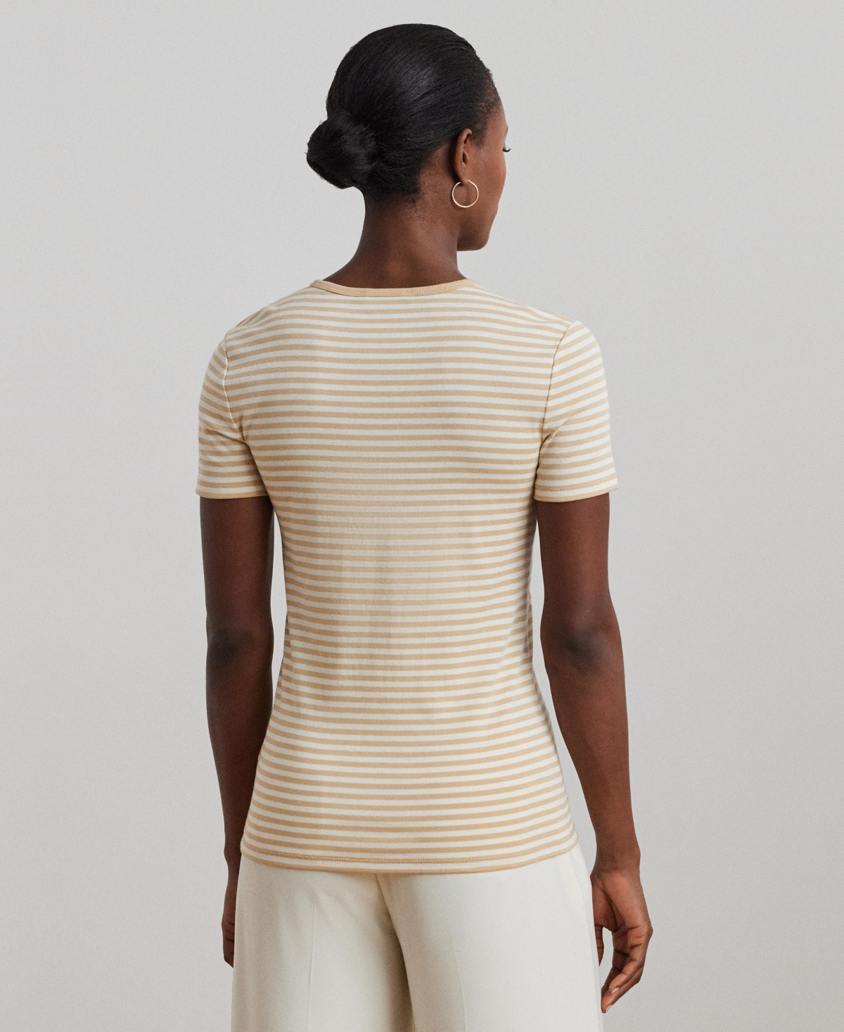 Shop Ralph Lauren Women's Striped Stretch Cotton Crewneck Tee In Sand Dune,mascarpone Cream