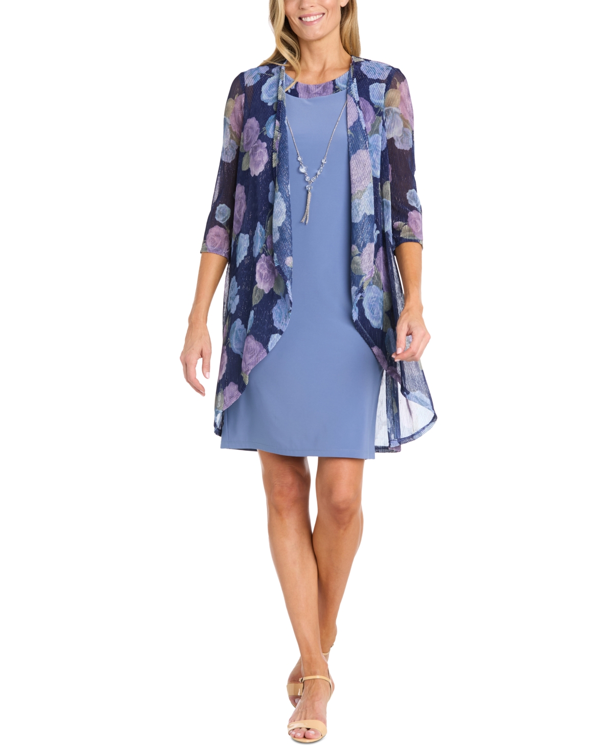 Petite Printed Jacket & Necklace Dress Set - Cadet Periwinkle