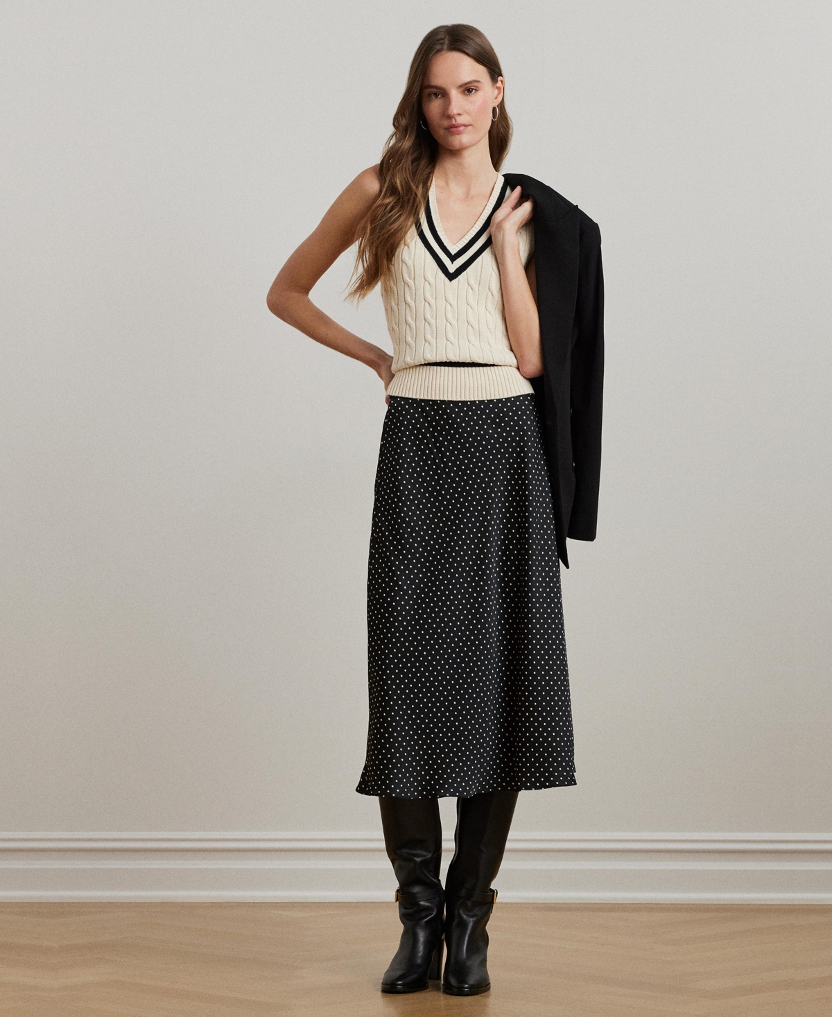 RALPH LAUREN WOMEN'S POLKA-DOT SATIN CHARMEUSE MIDI SKIRT 
