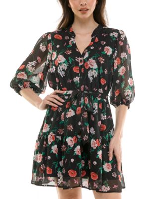 Trixxi - Juniors' Floral Print Blouson-Sleeve Fit & Flare Dress
