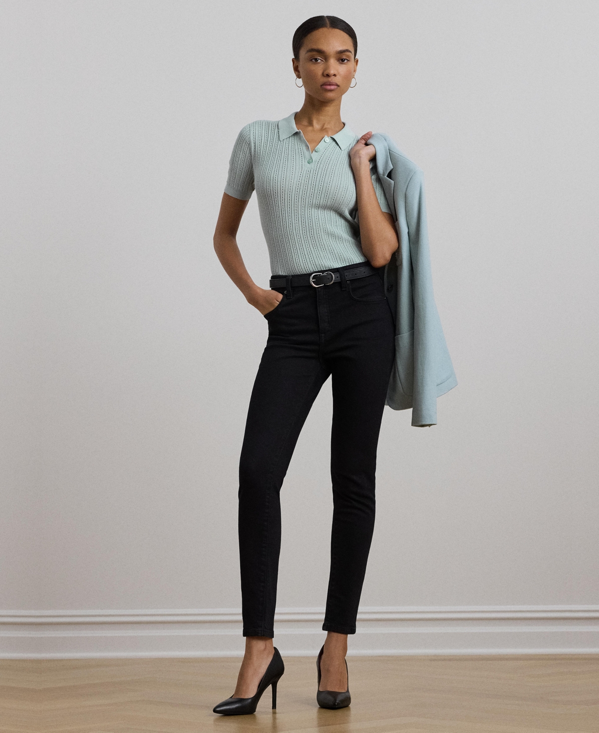 Ralph Lauren Women's Pointelle-knit Cotton-blend Polo Sweater In Aqua Pearl
