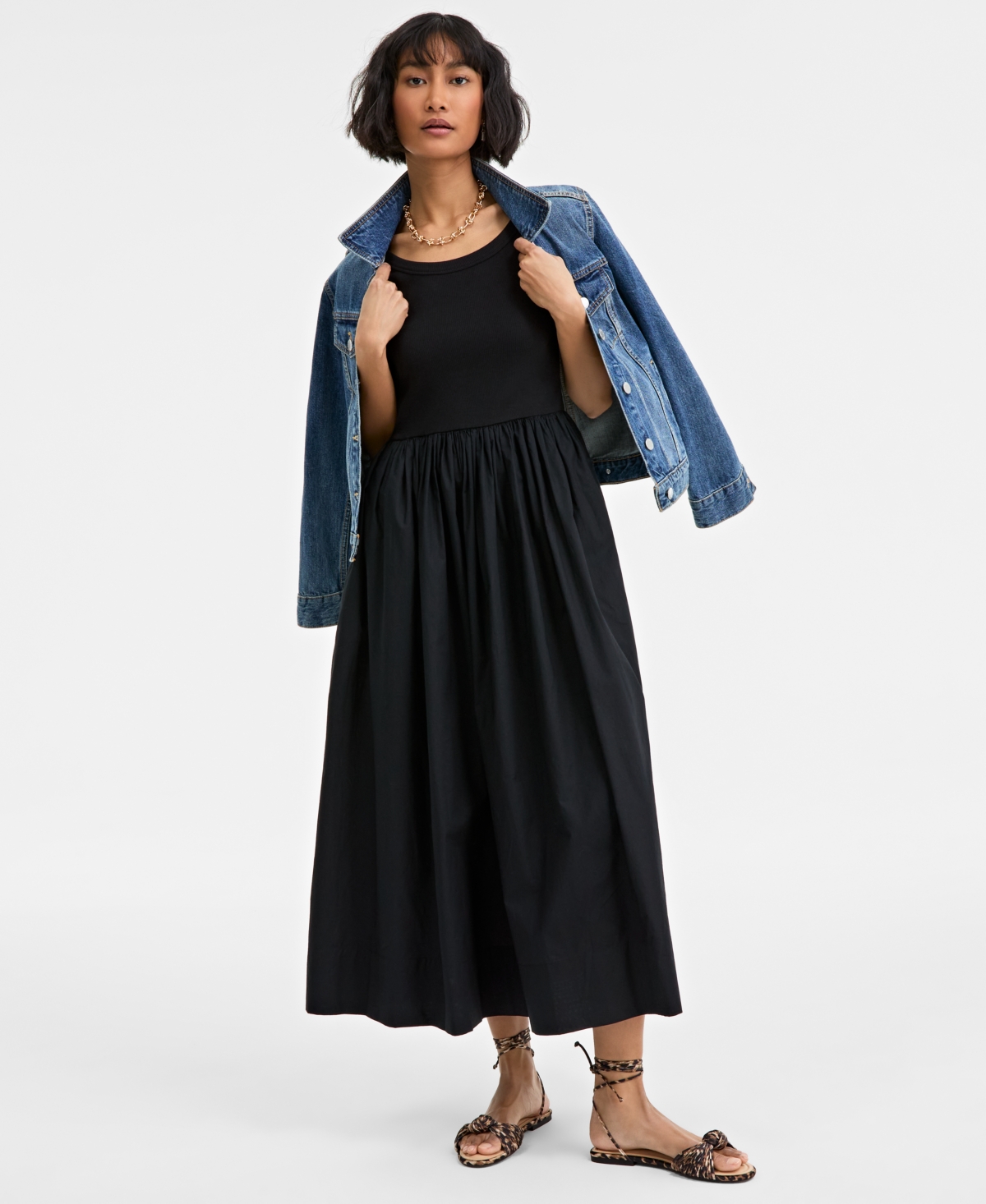 On 34th Trendy Plus Size Scoop-neck Mixed-media Midi Dress, Exclusively At Macy's In Deep Black