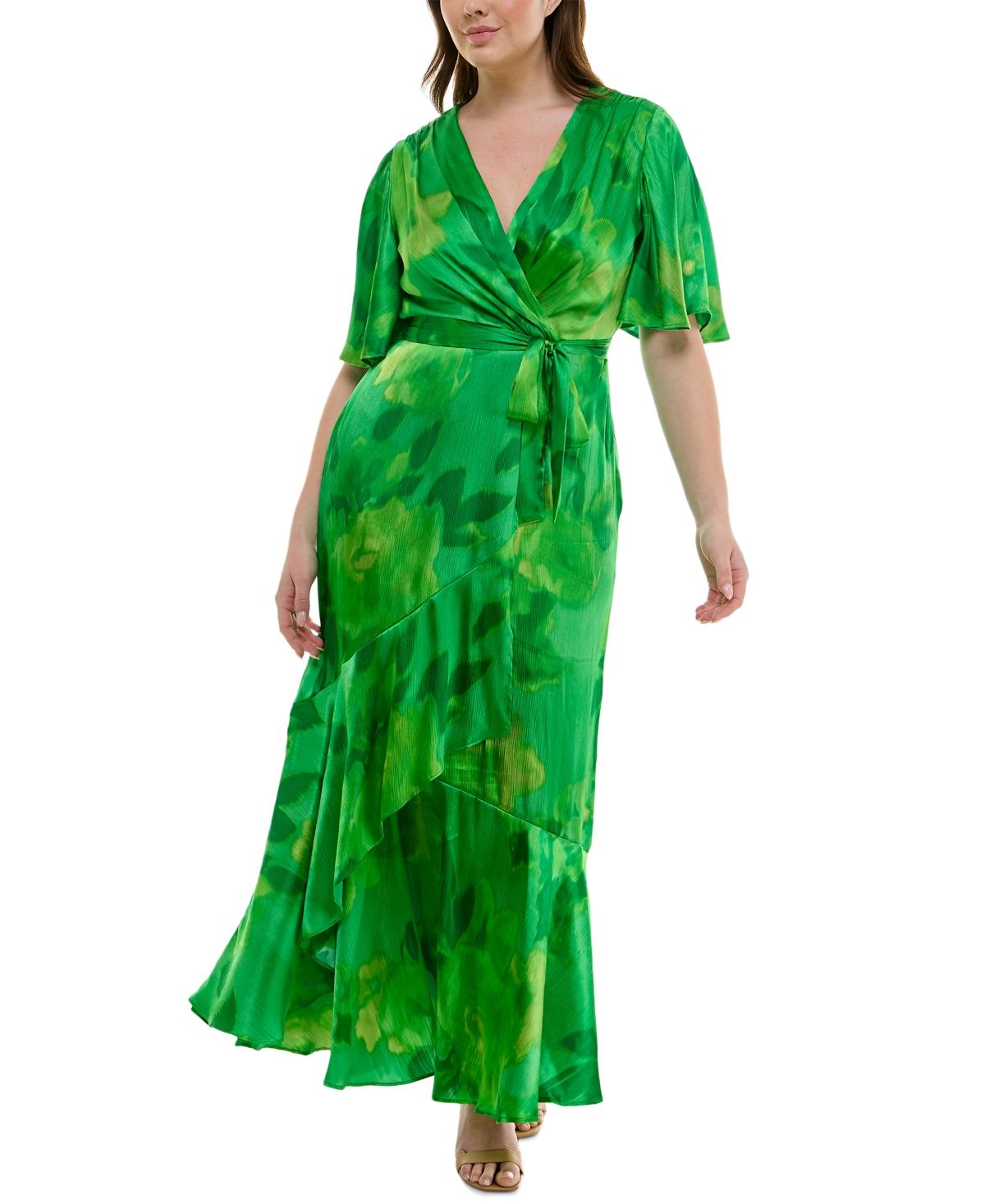 Plus Size Flutter-Sleeve Faux-Wrap Maxi Dress - Bright Green