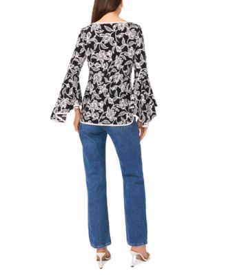 Women's Printed Crewneck 3/4-Bell-Sleeve Blouse