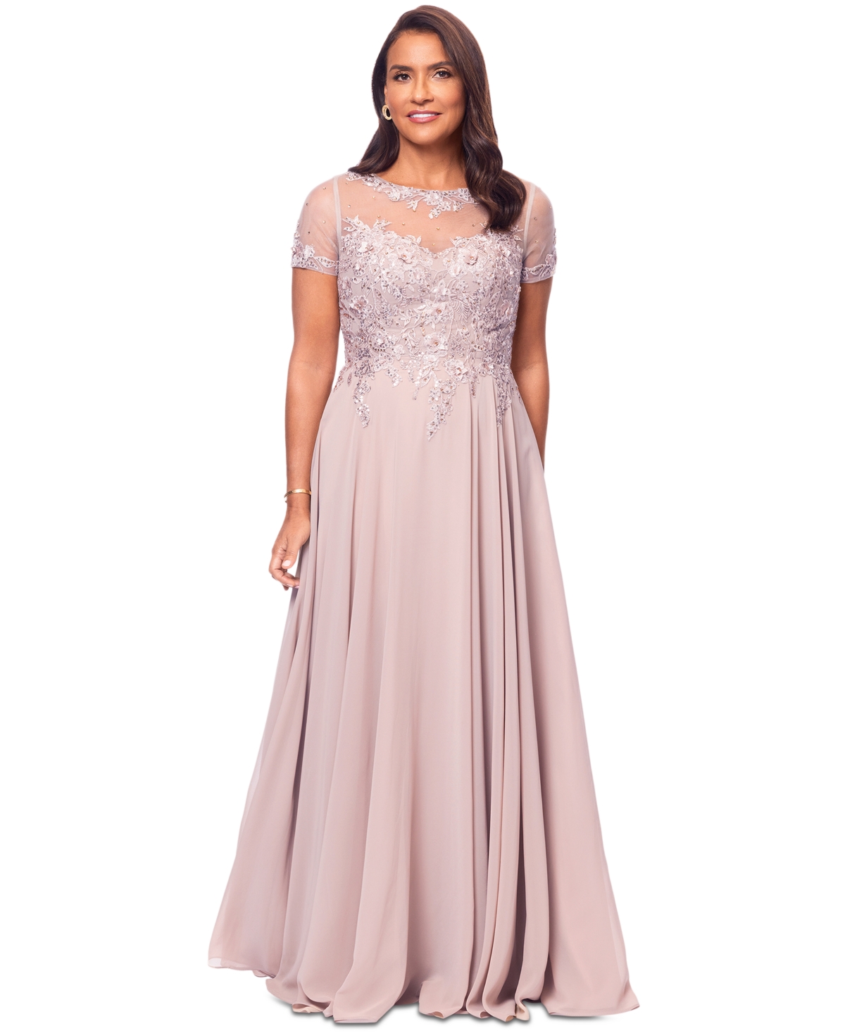 Shop Xscape Petite Embellished Illusion-bodice Gown In Taupe