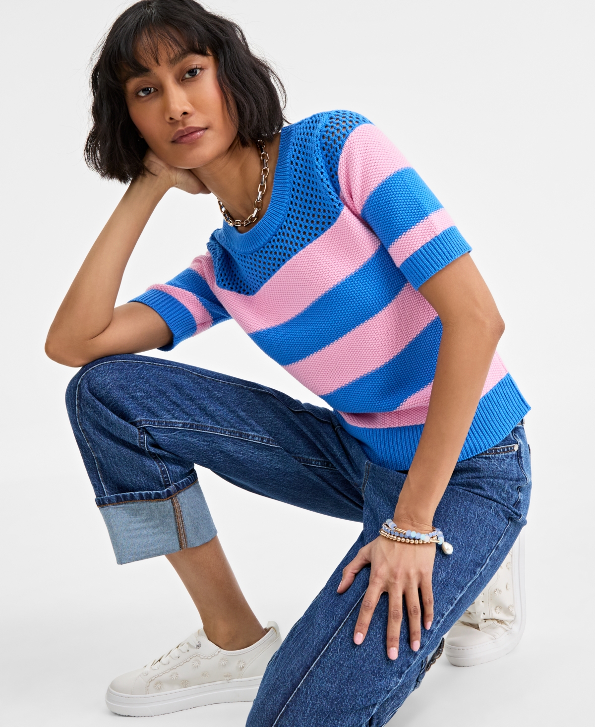 On 34th Women's Cotton Striped Perforated-stitch Sweater, Exclusively At Macy's In Beach Blue Combo