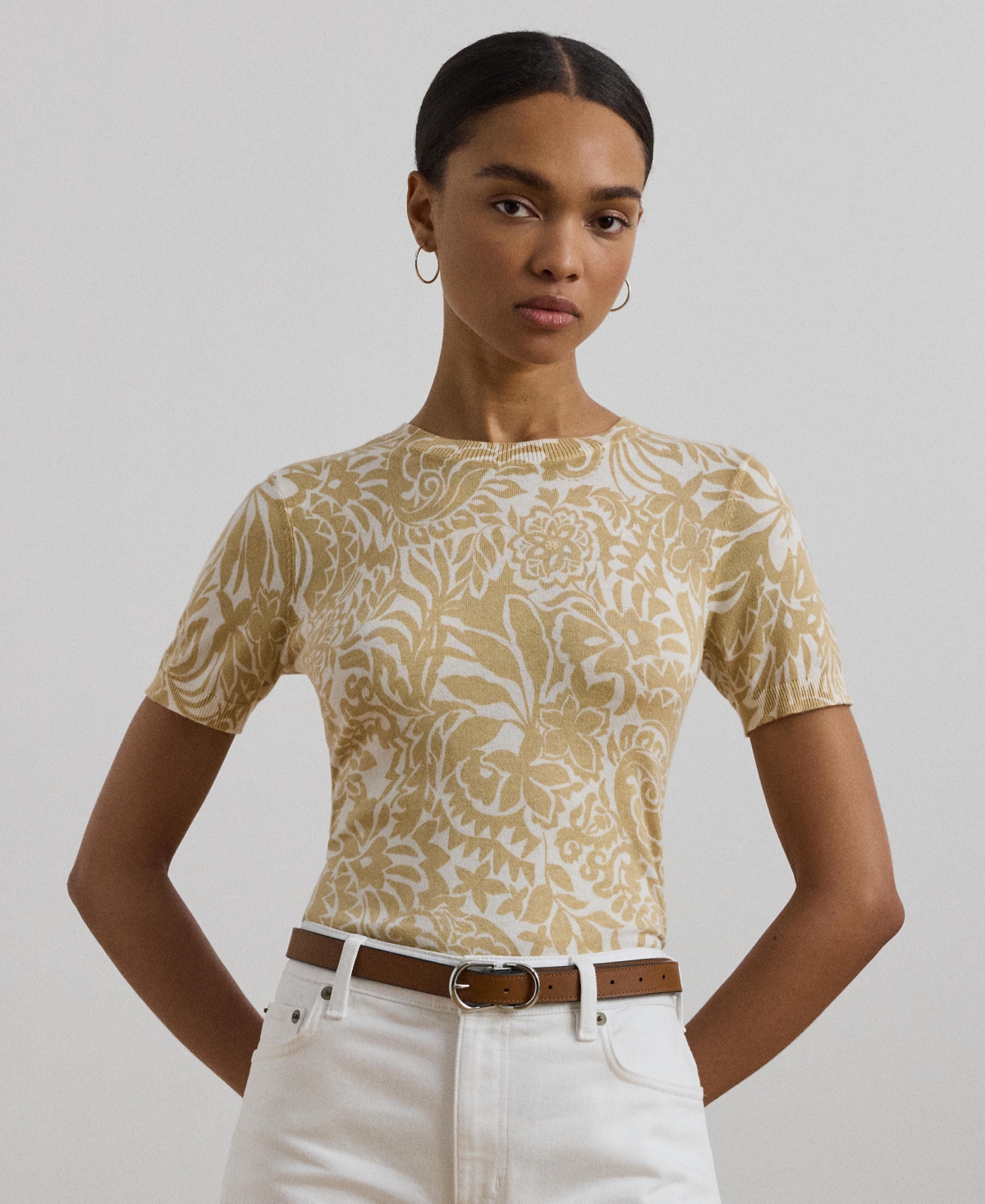 Women's Floral Cotton-Blend Short-Sleeve Sweater - Cream Multi