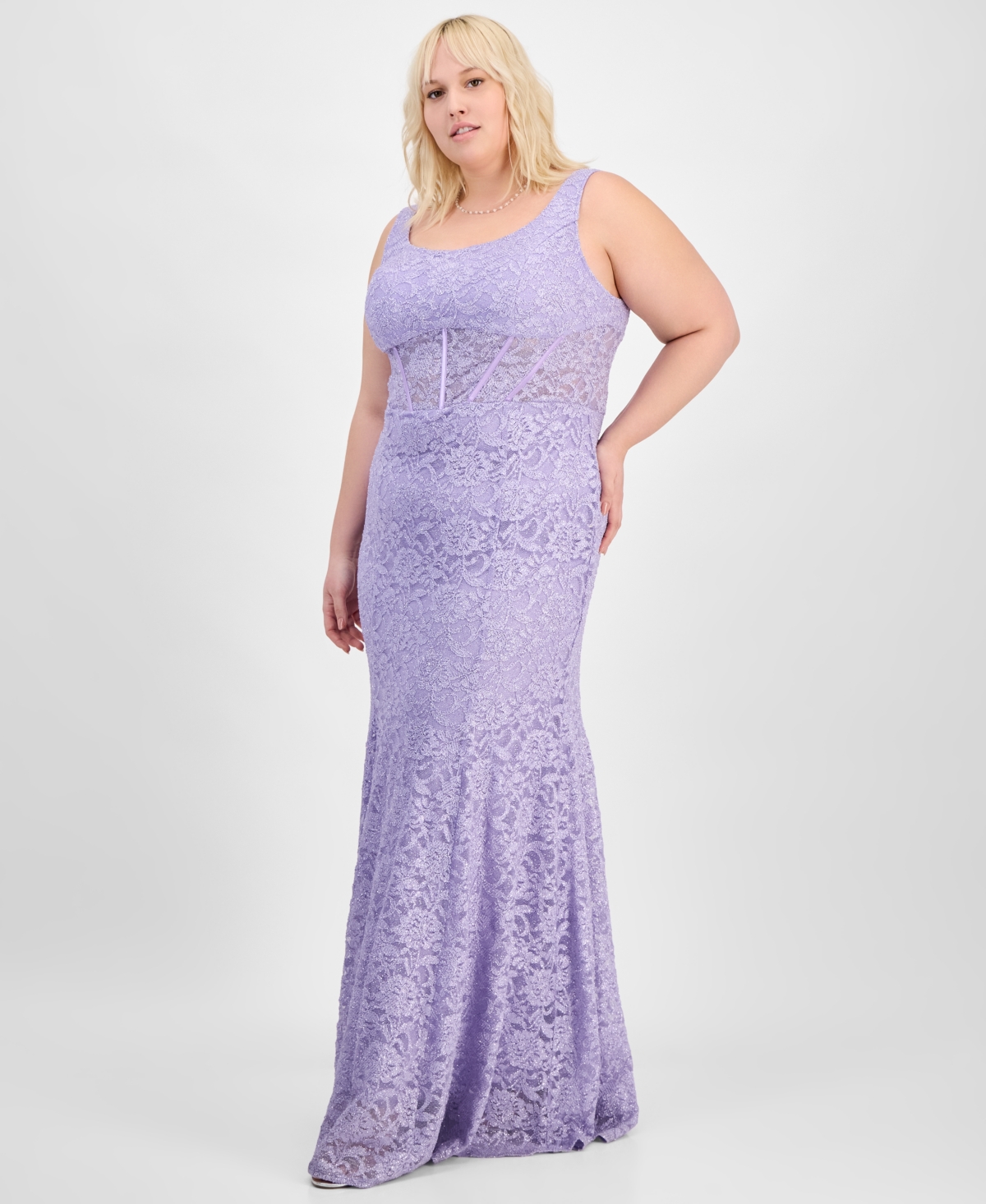 City Studios Trendy Plus Size Glitter Lace Gown In Med Purple