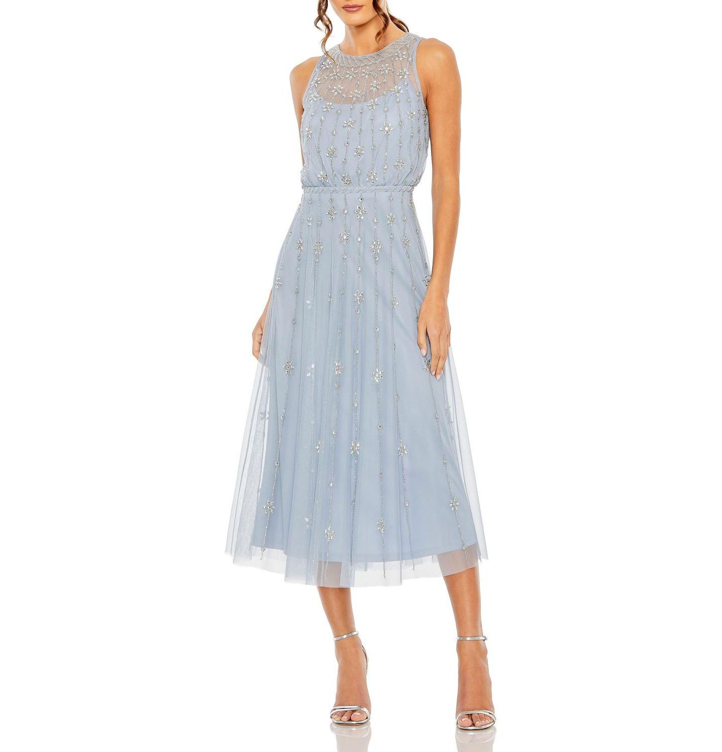 Женское платье Mac Duggal High Neck Sleeveless Embelished A Line, цвет: Пудрово-голубой — фото 2