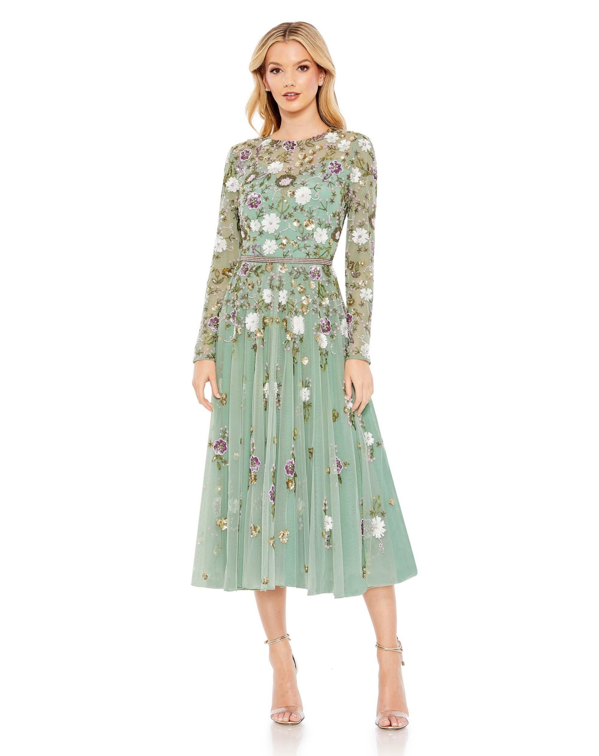 Women's Sequined Floral Long Sleeve High Neck Midi Dress - Blush
