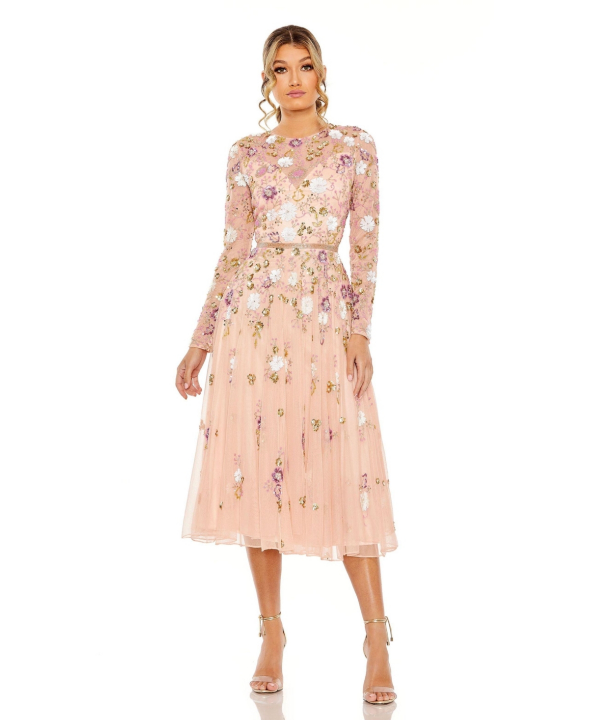 Women's Sequined Floral Long Sleeve High Neck Midi Dress - Blush