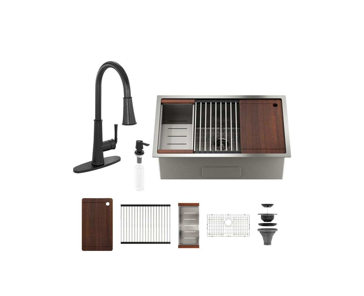 32" L x 19" W Drop-in Stainless Steel Kitchen Sink with Touchless Faucet Included - Black faucet