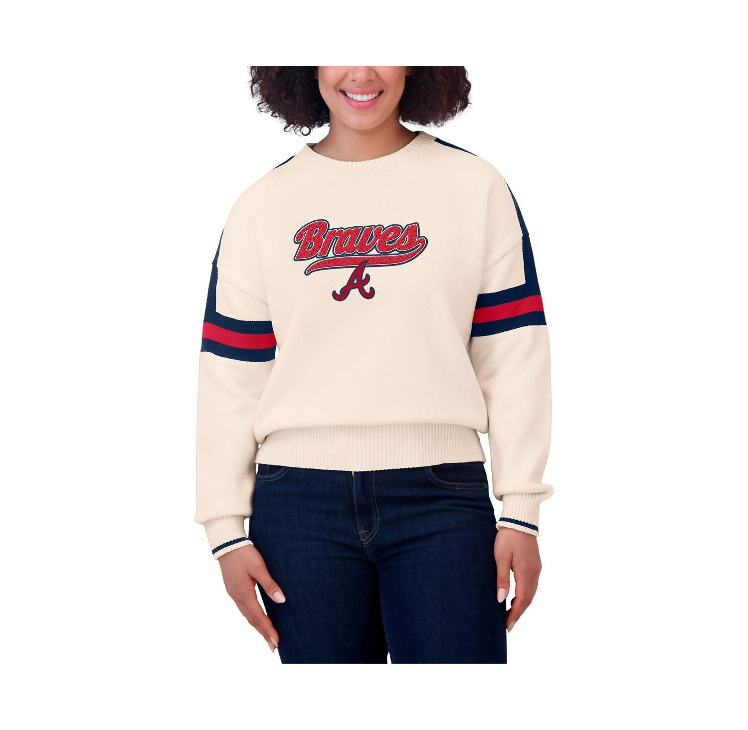 Women's Cream Atlanta Braves Stripe Pullover Sweater