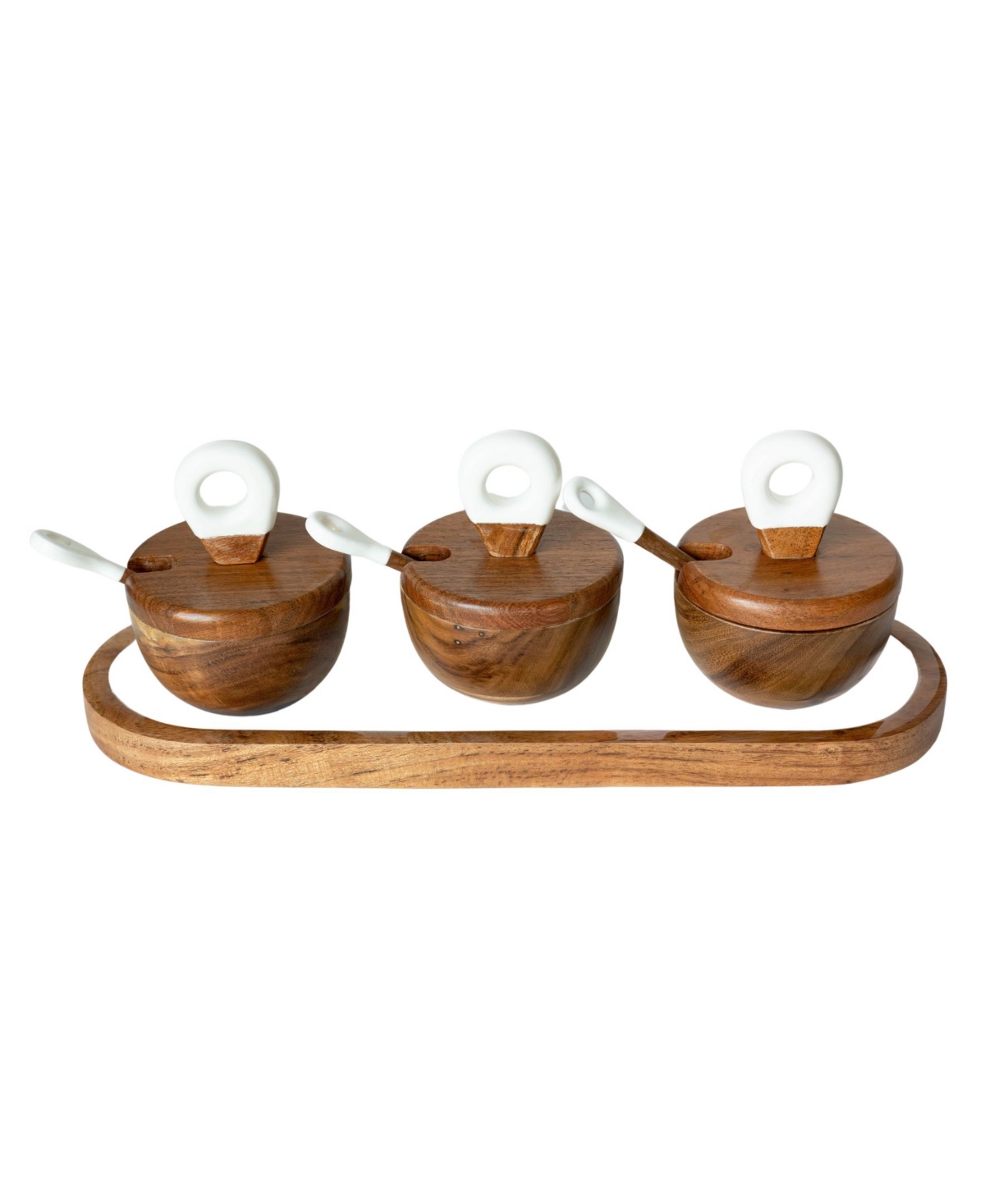 Shop Jeanne Fitz Wood Plus Collection 3 Dipping Bowls With Lids, Spoons And Tray, Set Of 7 In Brown