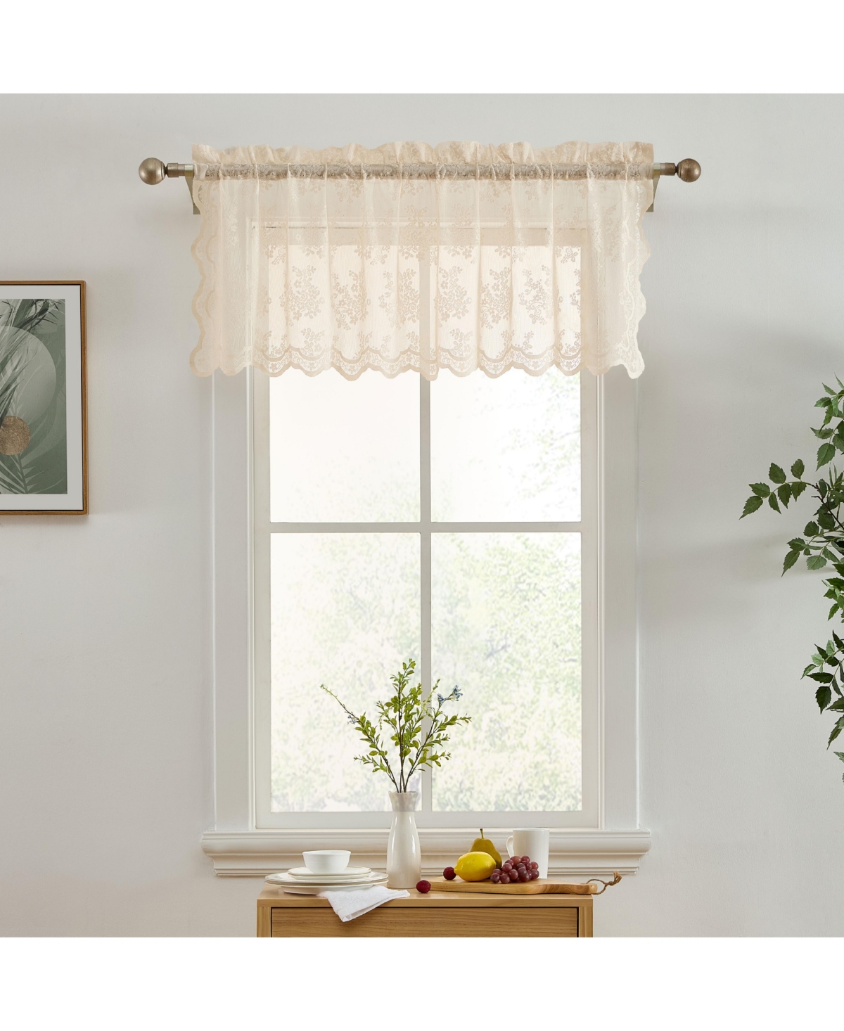 Jolene Floral Rod Pocket Lace Semi Sheer Voile Short Valance for Small Windows, Kitchen & Bathroom - 54 x 18 Inch Length (Taupe Valance) - Taup