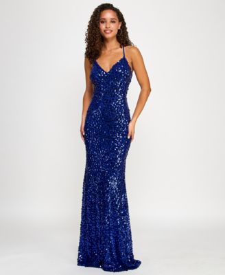 Juniors' Floral Sequin V-Neck Sleeveless Gown