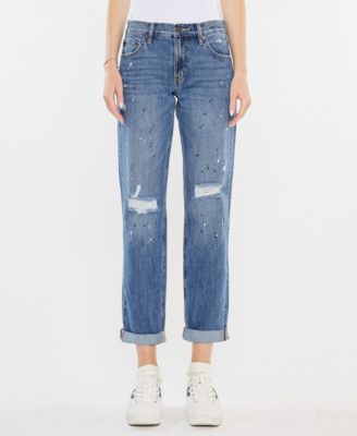 Women's Paint Effect Mid Rise Boyfriend Jeans