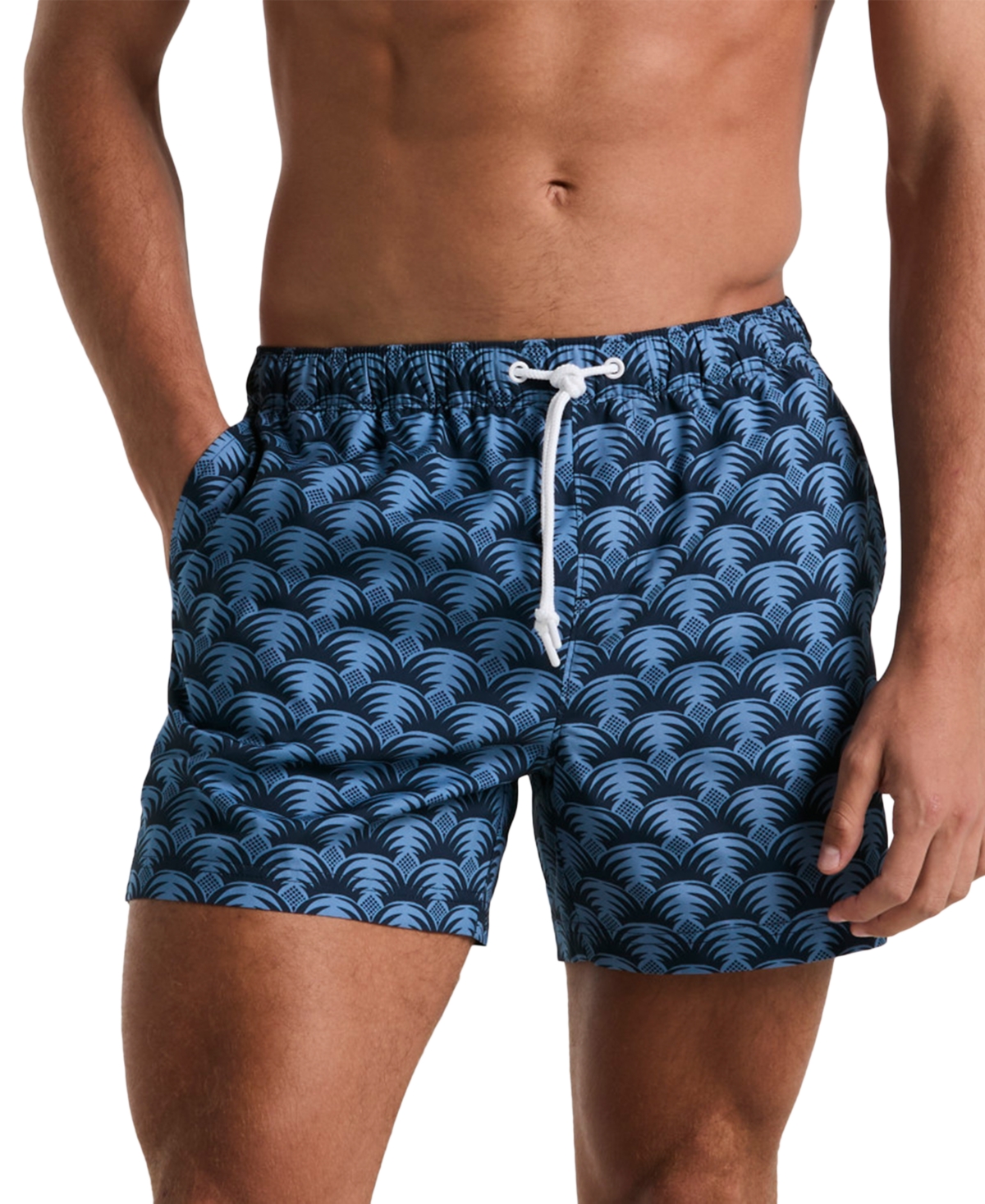 Original Penguin Men's Slim Fit Geo Palm Print Drawstring 5" Swim Trunks In Dark Sapphire