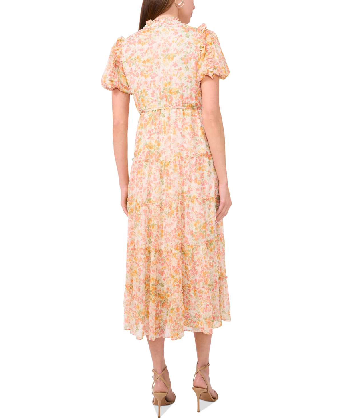 Msk Petite Printed Split-neck Tiered Maxi Dress In Coral Almond