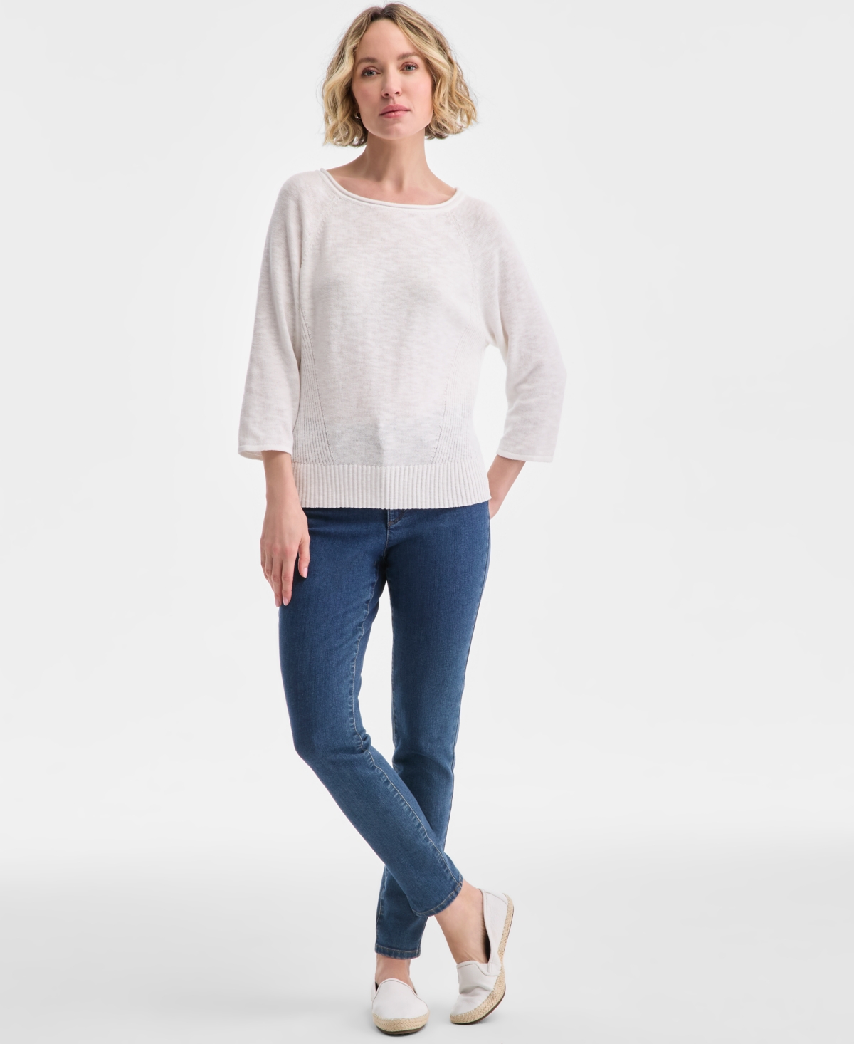 CHARTER CLUB WOMEN'S 3/4-SLEEVE LINEN-BLEND SWEATER, EXCLUSIVELY AT MACY'S 
