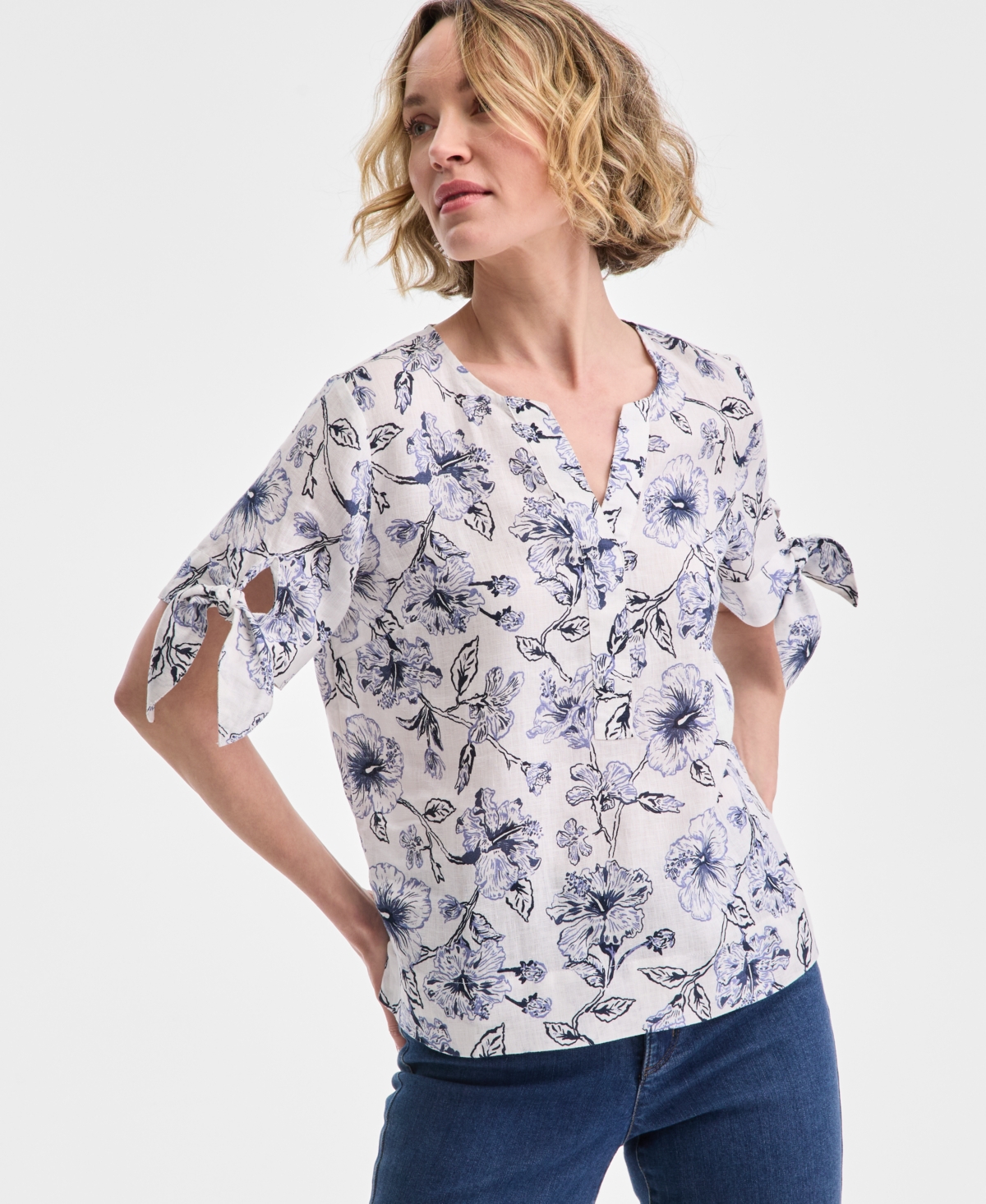 CHARTER CLUB WOMEN'S HIBISCUS GARDEN 100% LINEN TIE-SLEEVE TOP, EXCLUSIVELY AT MACY'S 