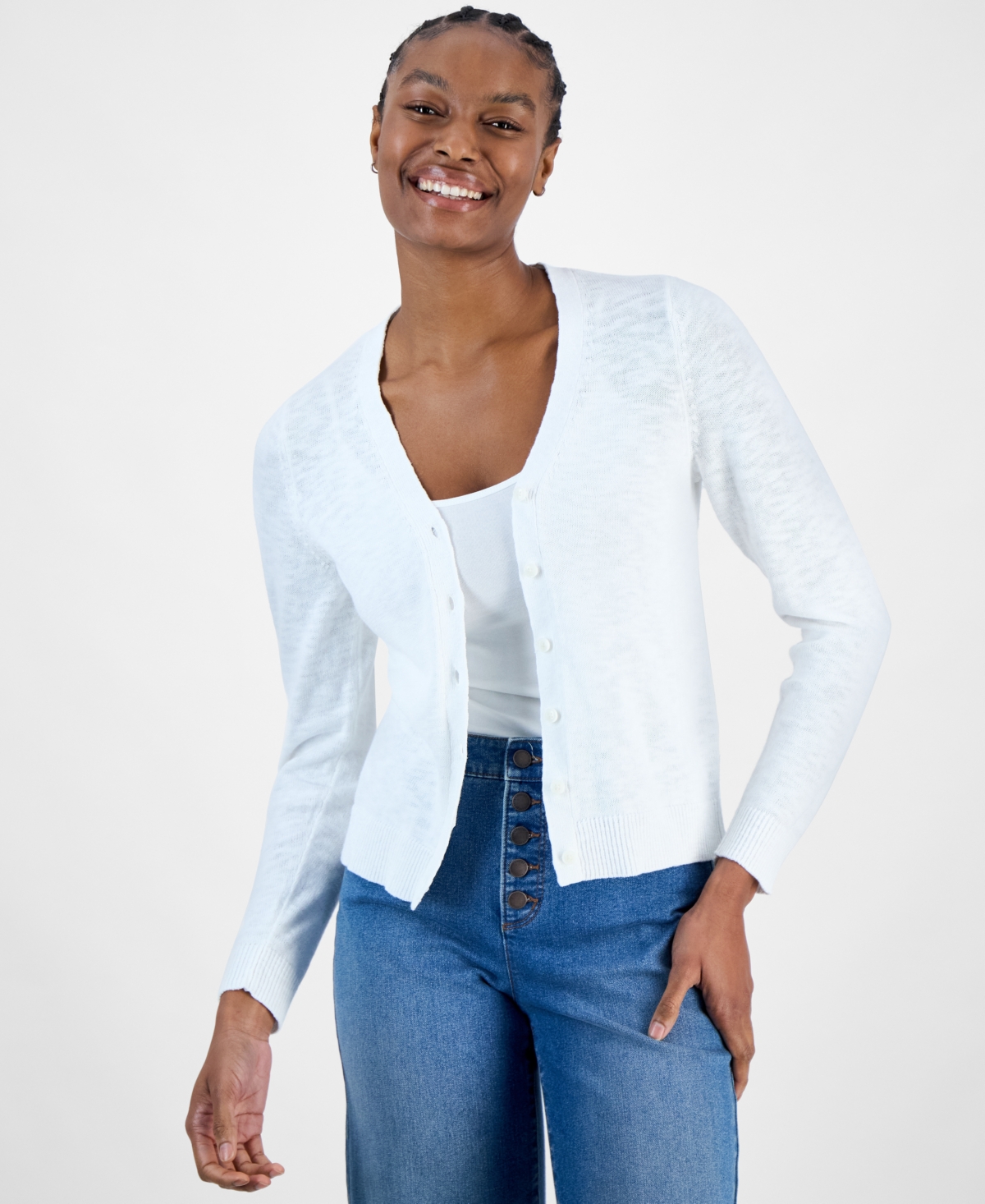 Charter Club Women's V-neck Button-front Linen-blend Cardigan, Exclusively At Macy's In Bright White