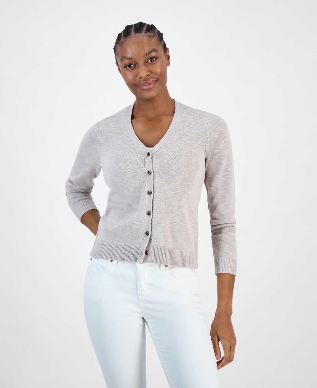 Shop Charter Club Women's V-neck Button-front Linen-blend Cardigan, Exclusively At Macy's In Sycamore Heather