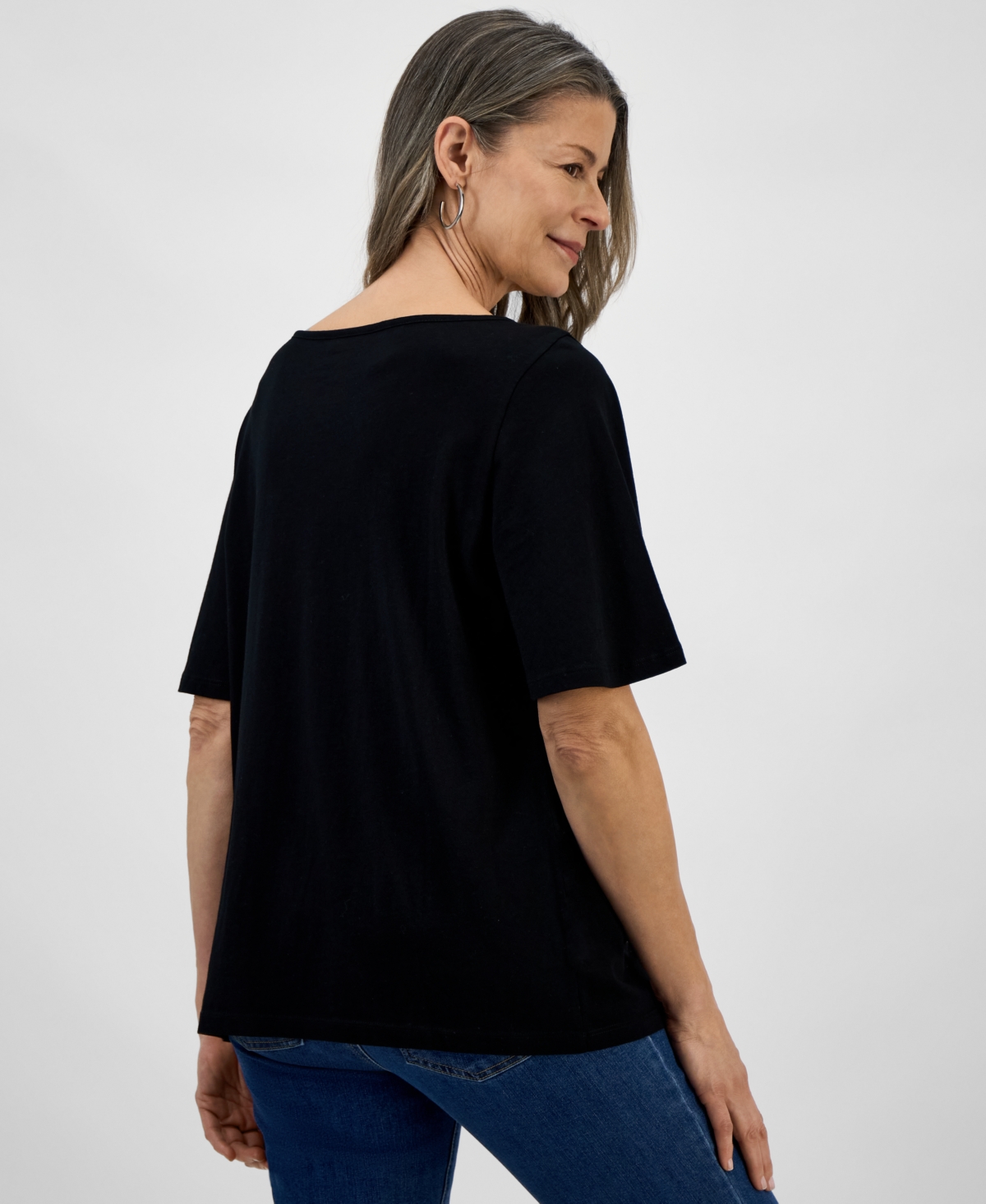 Style & Co Petite Crochet-trimmed Short-sleeve Knit Top, Exclusively At Macy's In Deep Black