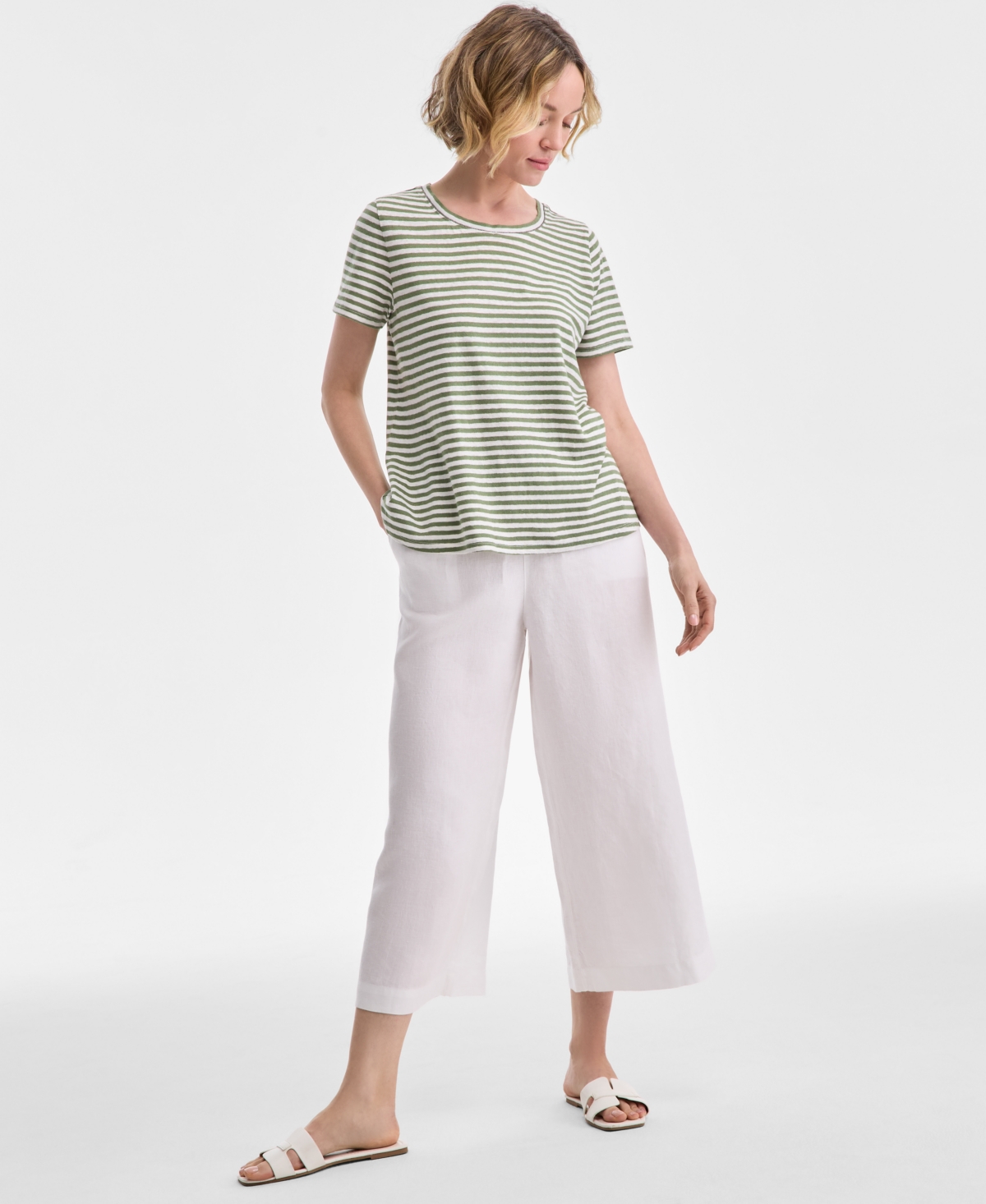 CHARTER CLUB WOMEN'S STRIPED CREWNECK SHORT-SLEEVE LINEN-BLEND TOP, EXCLUSIVELY AT MACY'S 