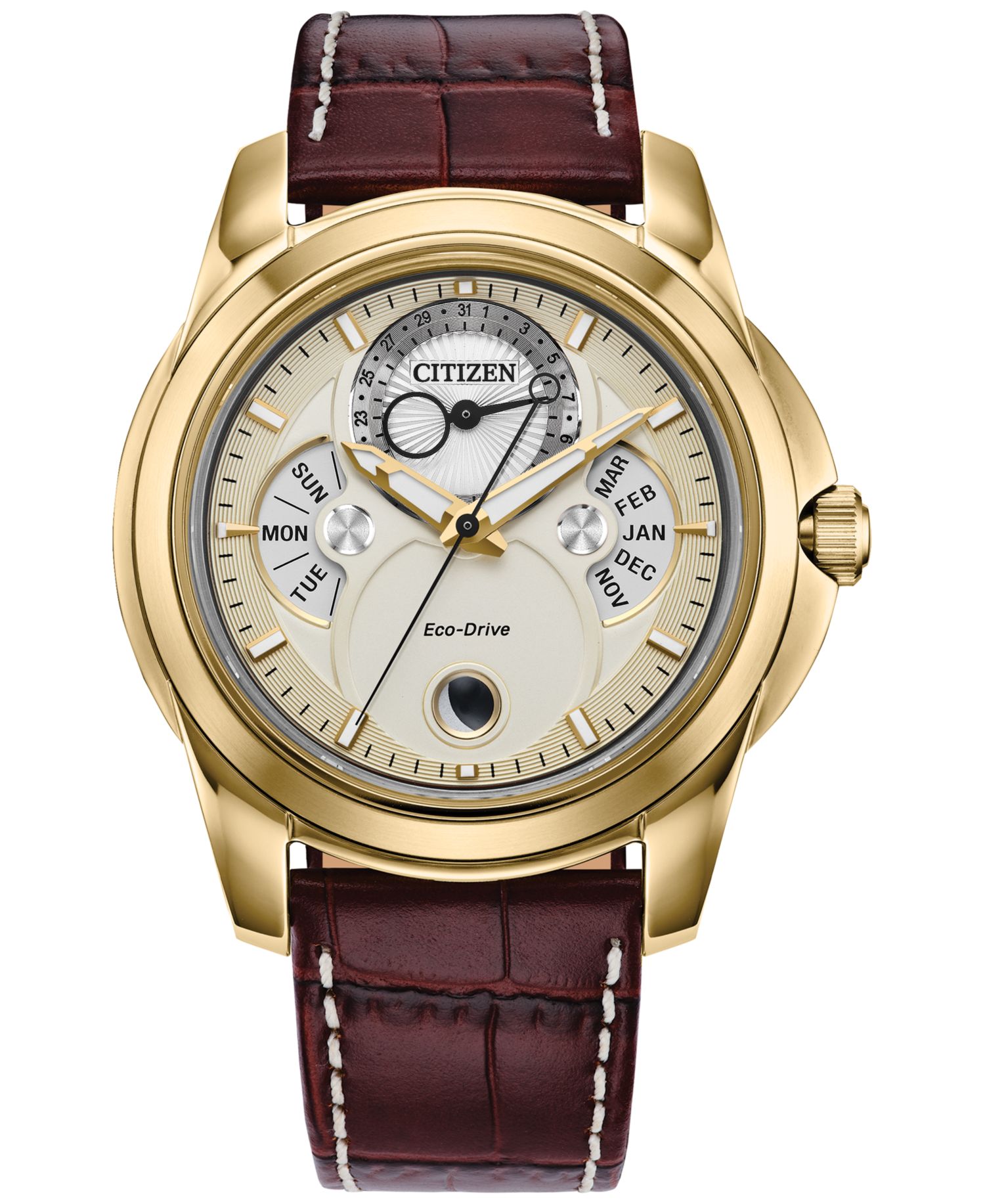 Men's Classic Calendrier Brown Leather Strap Watch 41.8mm