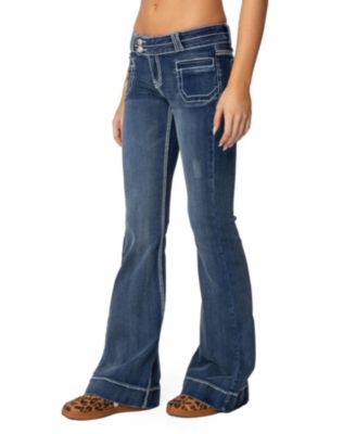 Womens Contrast Stitch Low Rise Flared Jeans
