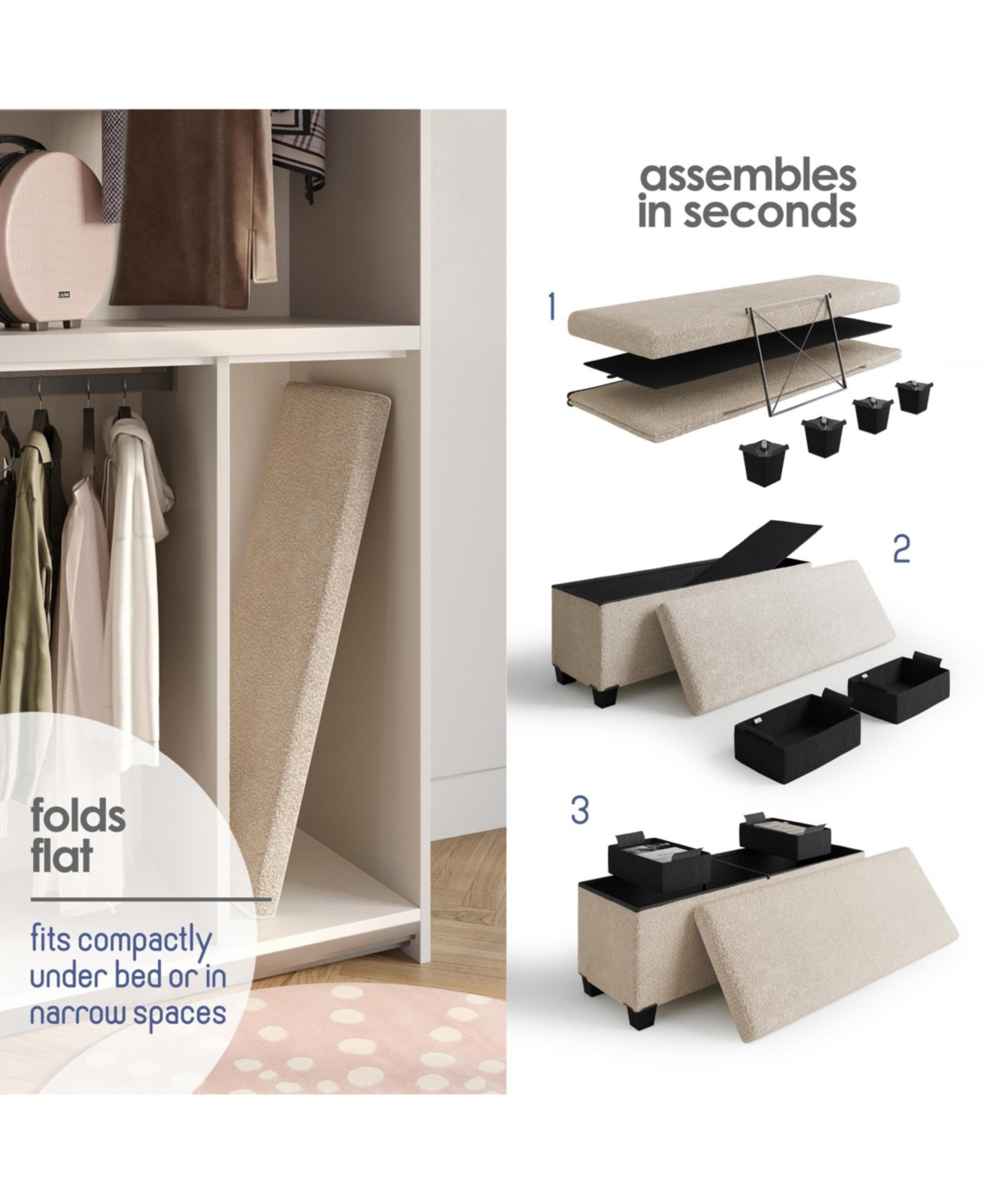 Rectangular Boucle Ottoman Storage Bench – Modern Foot Stool
