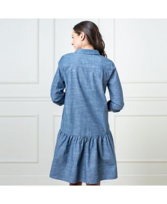 Women's Organic Chambray Long Sleeve Drop Waist Shirt Dress
