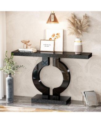 43-Inch Mirrored Console Table with O-Shaped Base, Modern Entryway Table Glass Sofa Table with Mirror Finish, Rectangle Narrow Accent Foyer Table for Living Room Hallway Entrance (Black)