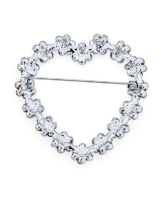 Romantic Pink Crystal Heart Flower Brooch Pin Rhodium Plated Alloy