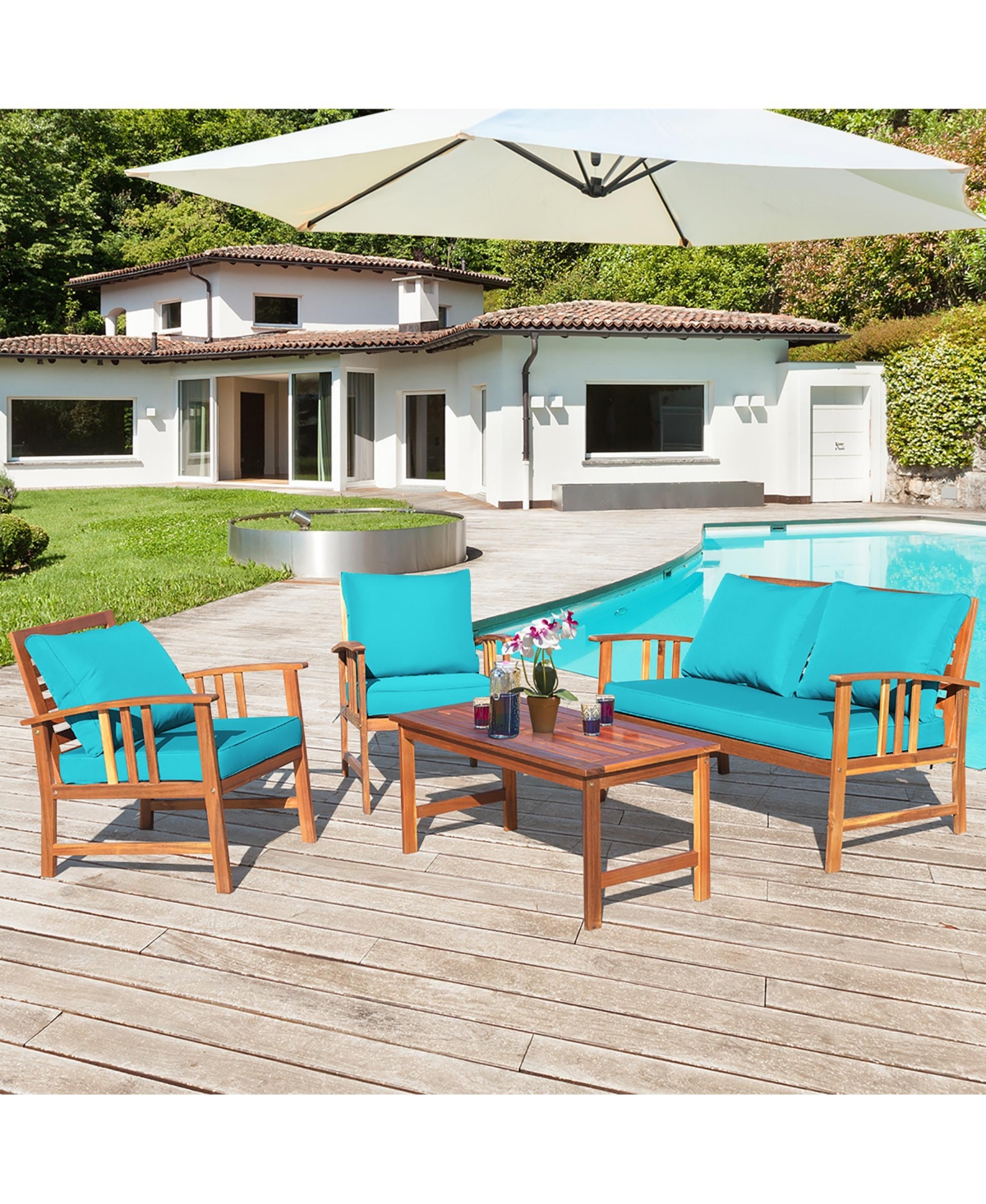 8PCS Wooden Patio Furniture Set Table Sofa Chair Cushioned Garden