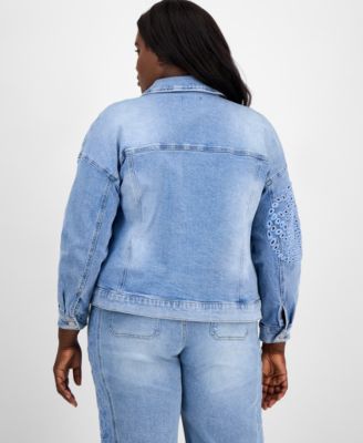 Trendy Plus Cutwork Button-Front Denim Jacket, Exclusively at Macy's