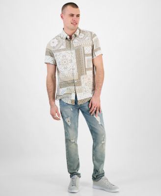 Men's Regular-Fit Patchwork Tile-Print Button-Down Shirt