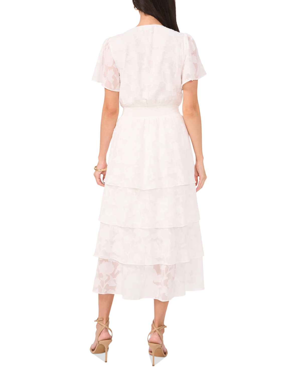 VINCE CAMUTO WOMEN'S JACQUARD SMOCKED WAIST TIERED MIDI DRESS 