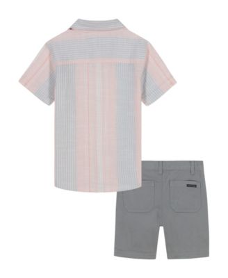 Toddler and Little Boys 2-Piece Striped Woven Button Front and Washed Twill Shorts Set