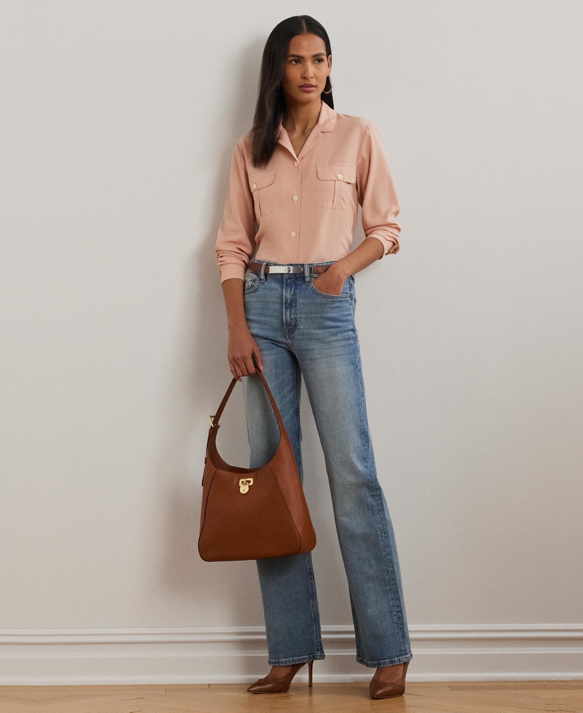 RALPH LAUREN WOMEN'S RELAXED-FIT CREPE SHIRT 