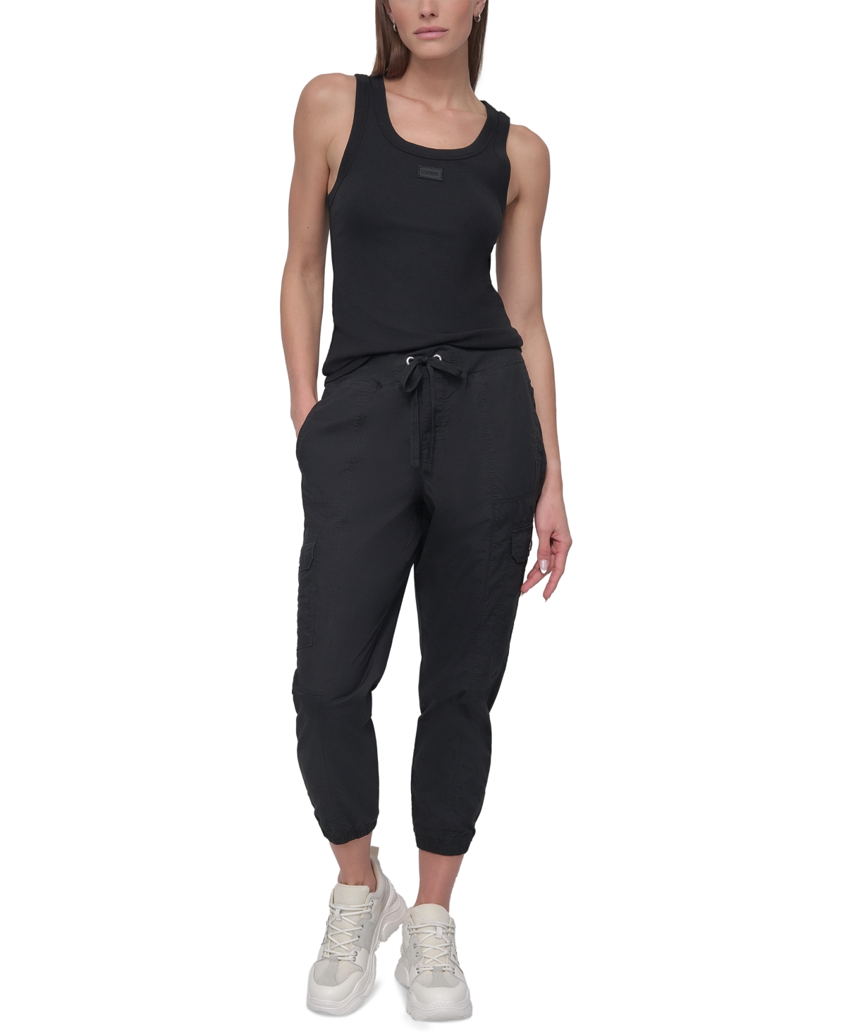 Dkny Sport Women's Cotton Ribbed-waist Jogger Cargo Pants In Black