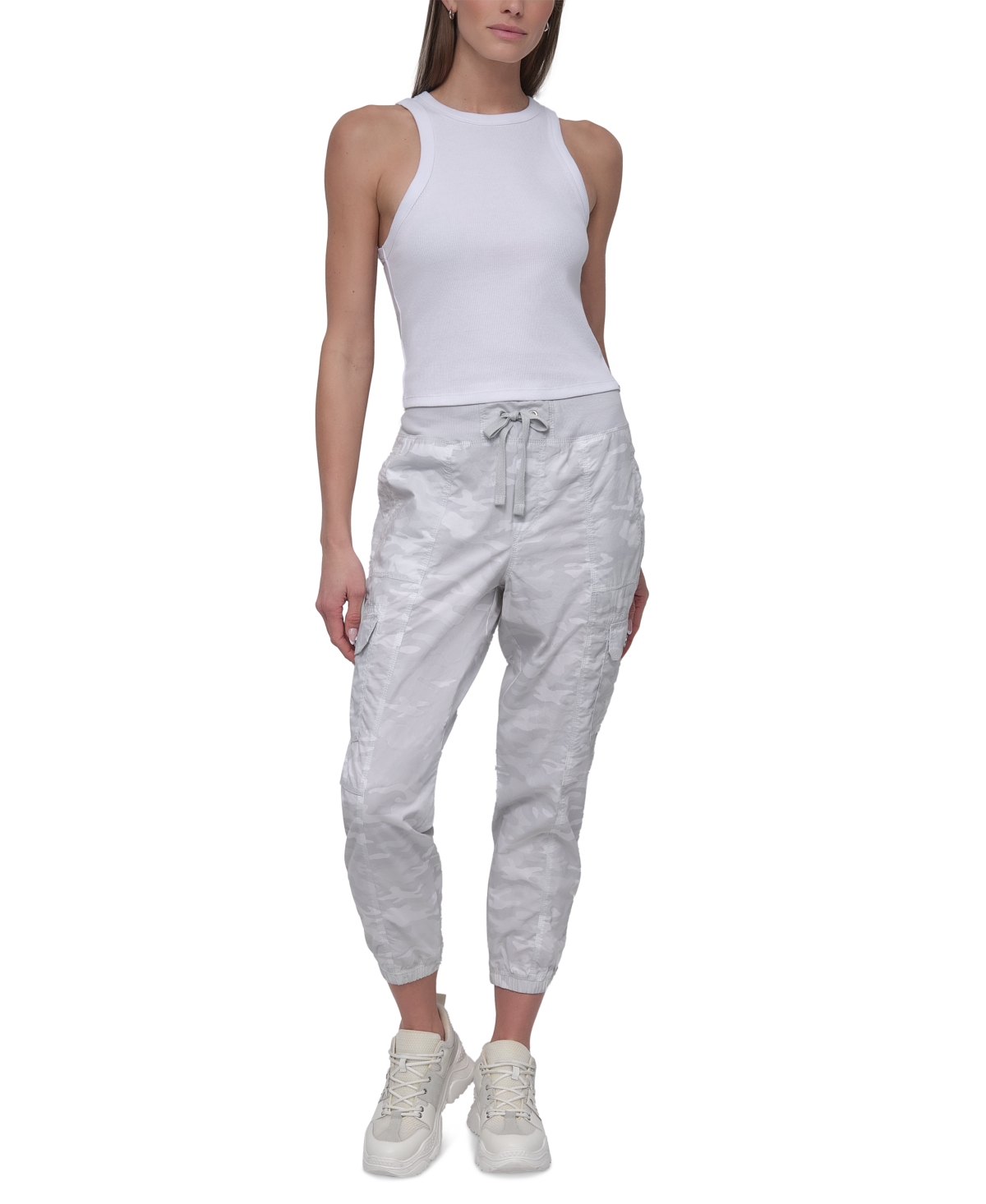 Dkny Sport Women's Cotton Ribbed-waist Jogger Cargo Pants In Camo Vapor Grey