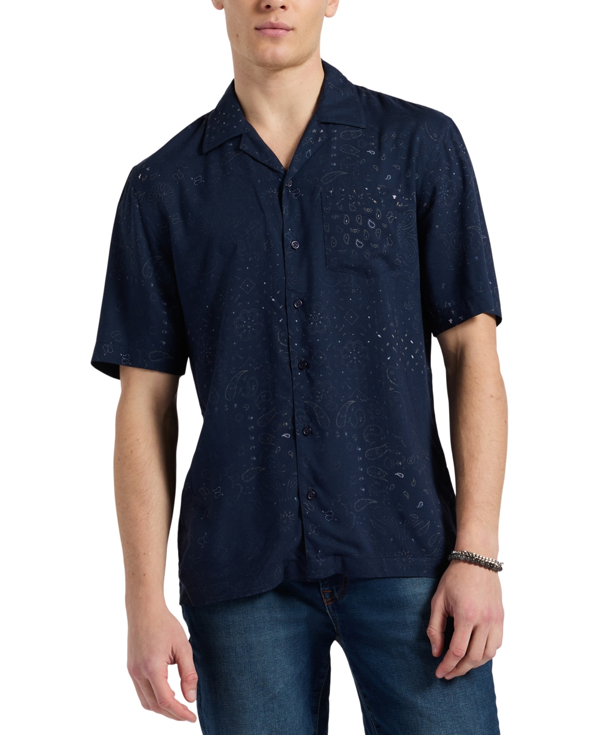 Men's Lightweight Short Sleeve Button Up Bandana Print Camp Shirt - Whale