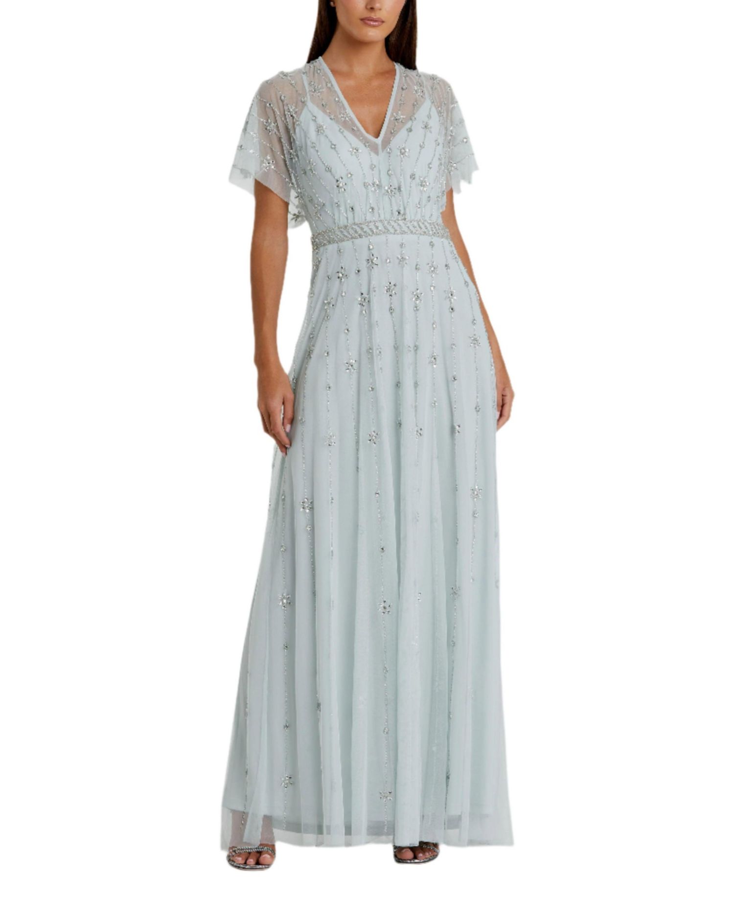 Women's V-Neck Embellished Flutter Sleeve A Line Gown