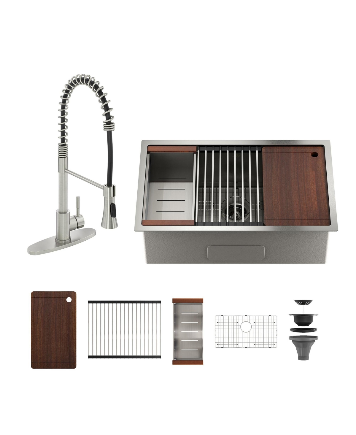 36'' Stainless Steel Kitchen Sink Faucet Sets, Kitchen Undermount Single Bowl with Cutting Board, Roller Blind, Drain Basket, Drain Grid and Drainer -