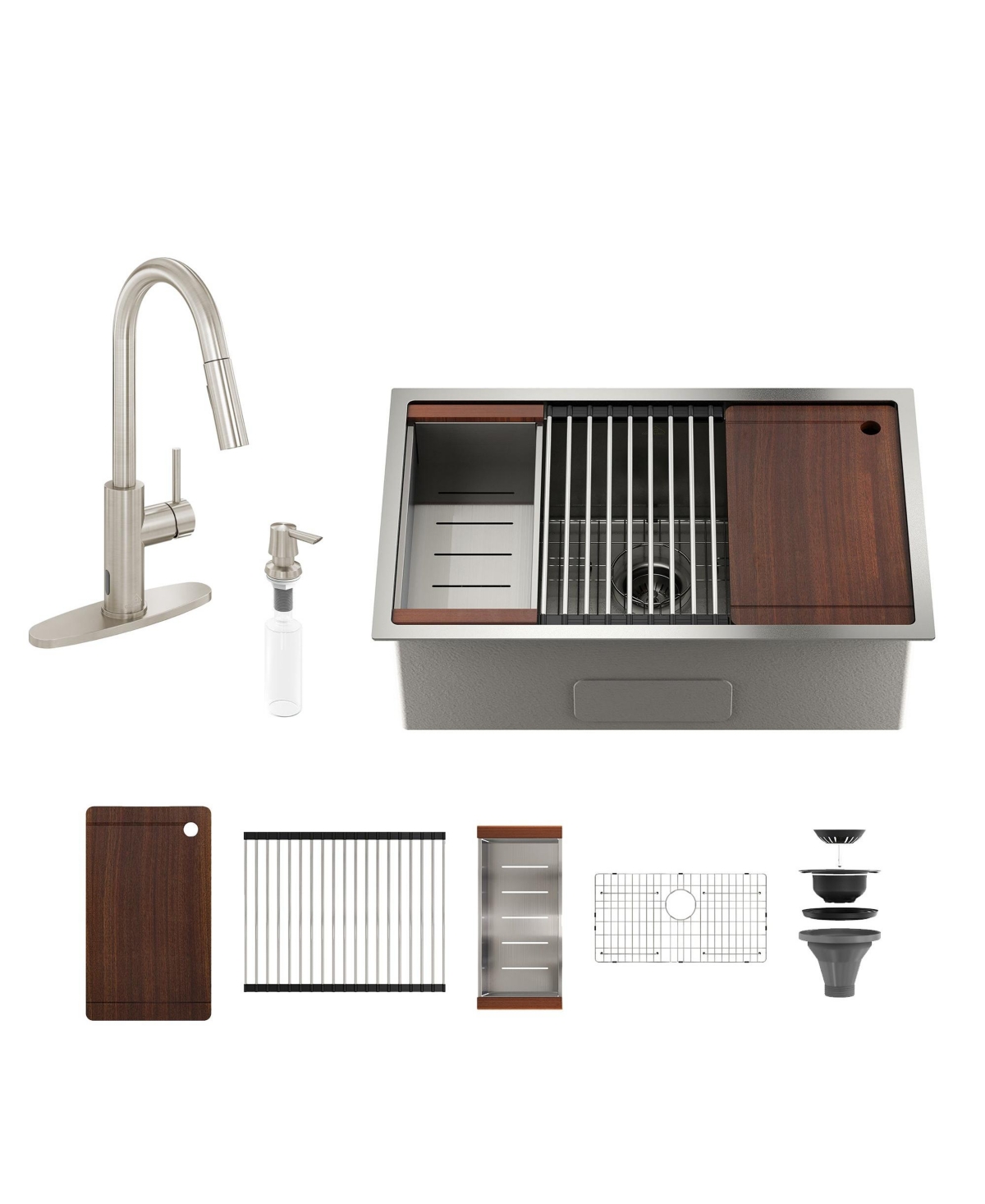 32'' Stainless Steel Kitchen Sink Faucet Set, Kitchen Sink and Pull-Down Kitchen Faucet with Cutting Board, Roller Blind, Drain Basket, Drain Grid and