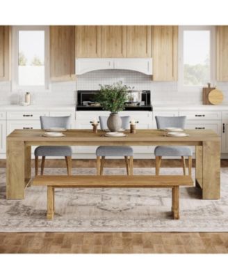 86.61-Inch Dining Table for 6-8, Farmhouse Narrow Kitchen Table with Wood Pedestal Base, Extra Long Rectangular Dinner Table, Natural Oak